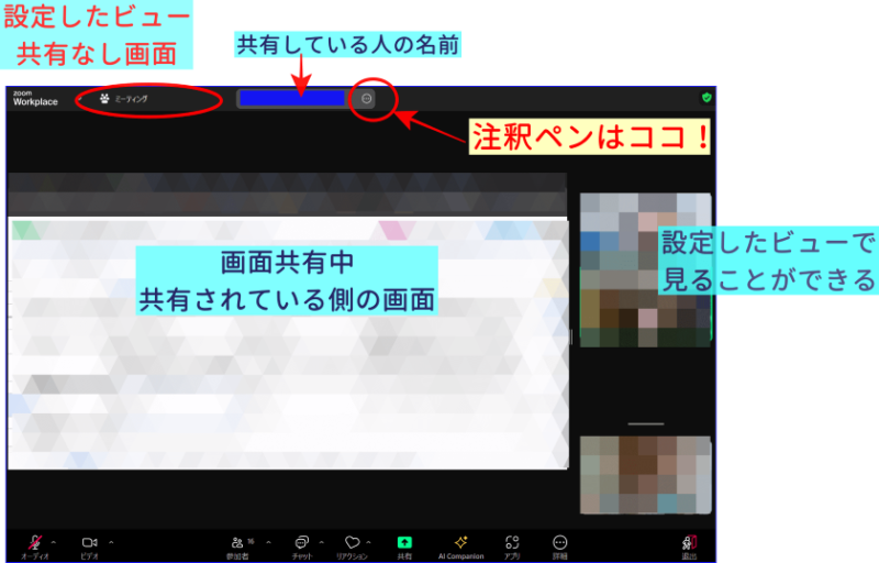 Zoom画面共有されている側の表示